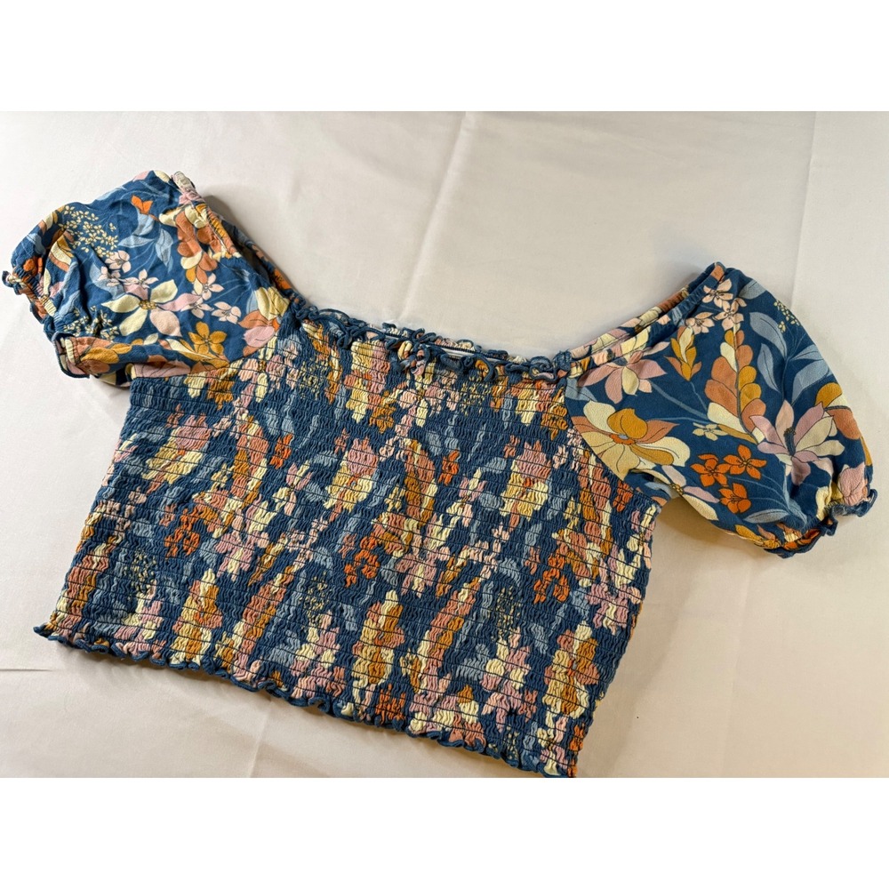Aerie Floral Smocked Crop Top Blue Orange Puff Sleeve‎ Boho M/M